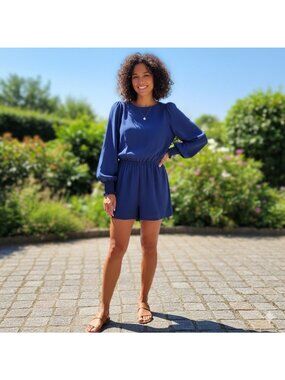 Womens Navy Blue Long Sleeve Romper Size S 100% Polyester Elastic Waist Pockets